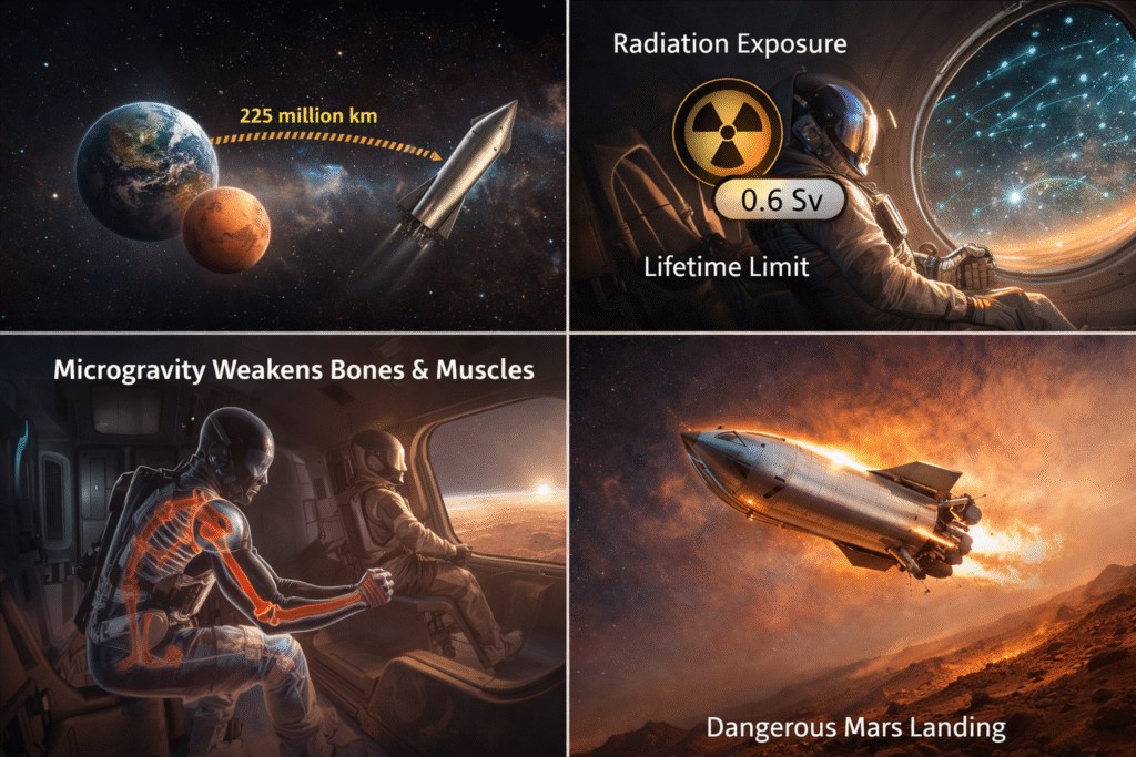 The Brutal Physics of Getting Humans to Mars

Starship Mars colonization faces its first enemy before anyone even leaves Earth: distance. Mars is, on average, about 225 million kilometers away. With current orbital mechanics, launch windows open roughly every 26 months. Miss one window, and missions can be delayed by over two years.

A typical Mars journey would take around six to nine months. That means prolonged exposure to microgravity, which weakens bones and muscles, and increased radiation exposure. NASA estimates that astronauts on a Mars mission could receive up to 0.6 sieverts of radiation, close to current lifetime limits for space travelers. Starship’s stainless-steel structure offers some shielding, but it is not a magic solution.

Then comes entry, descent, and landing. Mars has an atmosphere thick enough to cause intense heating, but too thin to provide effective aerodynamic braking. Starship’s plan involves a daring “belly-flop” maneuver, relying on heat shields and engine relights. It has worked in Earth tests, but Mars allows no second chances.