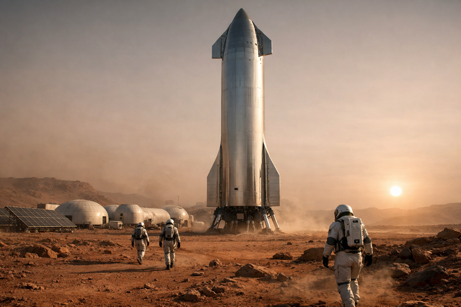 Ultra-realistic cinematic scene of a stainless-steel SpaceX Starship standing upright on the red surface of Mars, with astronauts in modern space suits walking nearby, pressurized habitat domes and solar panels in the background, dusty rocky terrain, a thin hazy Martian atmosphere, and a pale sun low on the horizon, conveying the scale, risk, and hope of early human Mars colonization.