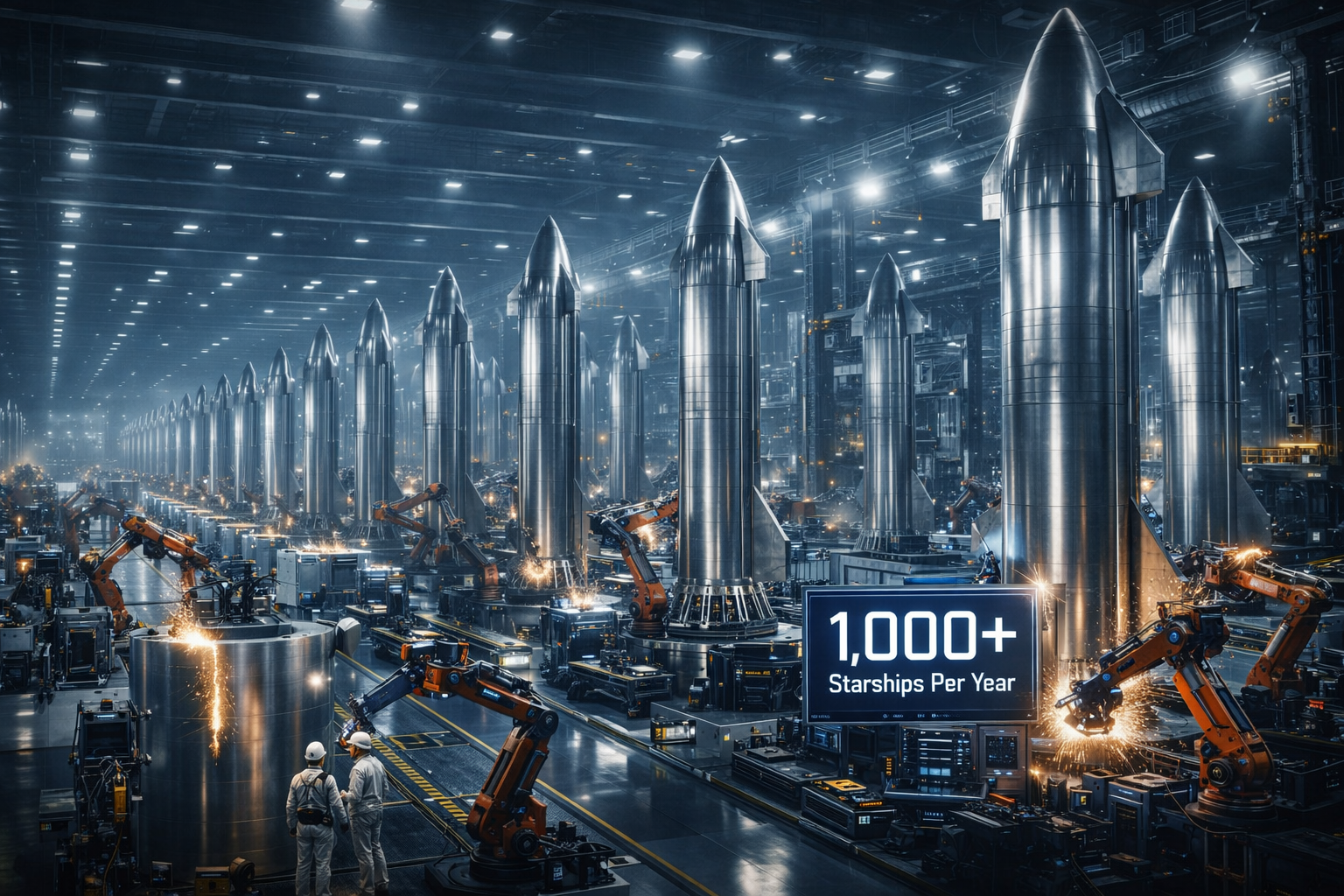 Ultra-realistic view of a massive futuristic factory producing dozens of stainless-steel Starship rockets simultaneously, with robotic arms welding rocket bodies, engineers inspecting spacecraft, and a glowing digital display reading “1,000+ Starships per year,” symbolizing large-scale industrial rocket manufacturing.