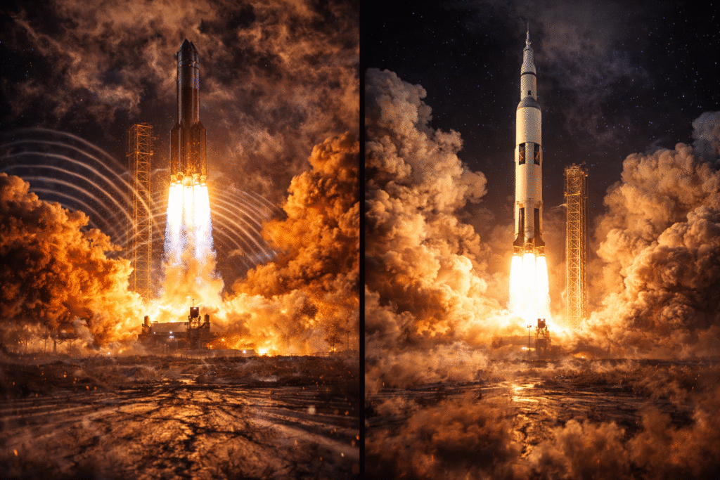 Starship and Saturn V launch side by side at night, showing extreme liftoff noise with massive flames, shockwaves, and vibrating ground.