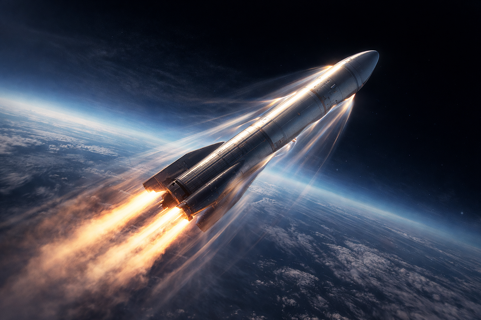 A powerful orbital rocket ascending through Earth’s upper atmosphere during Max-Q, showing shockwaves and intense engine thrust that require precise engine throttling during Max-Q to prevent structural failure.