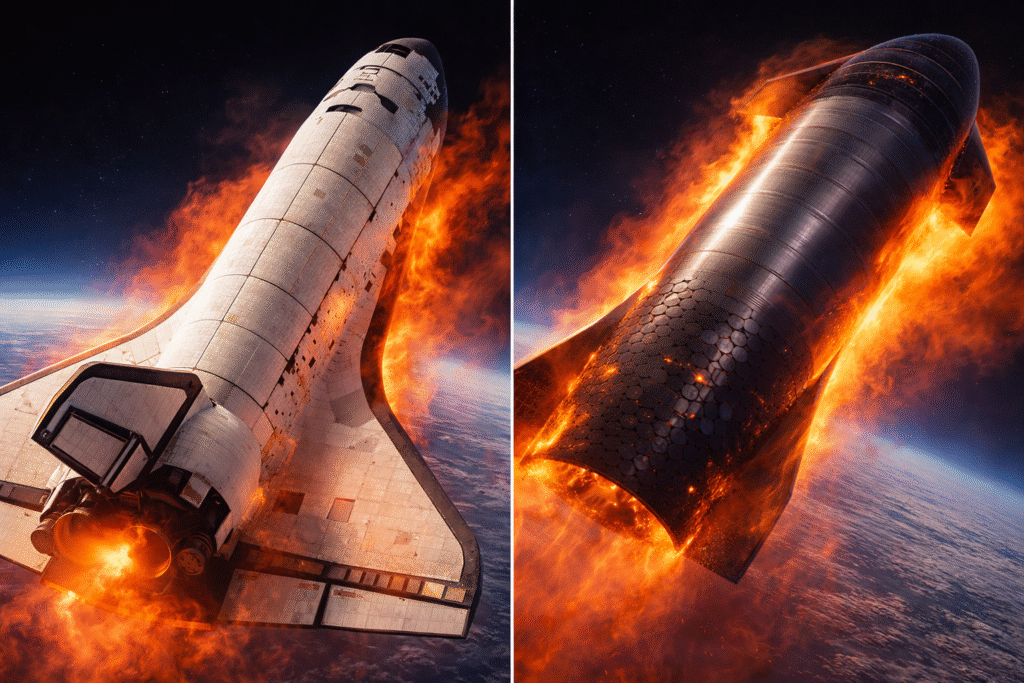 Starship heat shield tiles compared with Space Shuttle silica tiles during atmospheric re=entry
