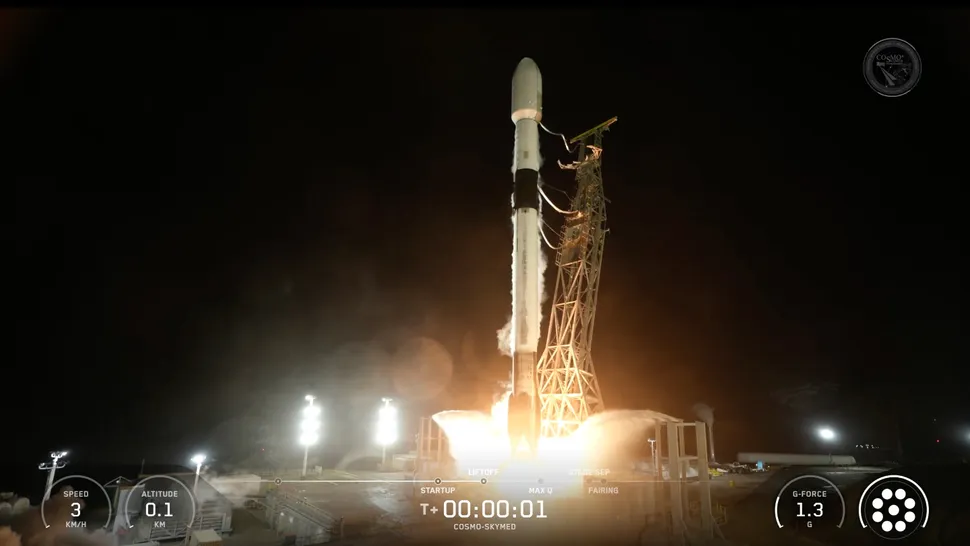 SpaceX Falcon 9 rocket lifts off to open 2026 missions, carrying an Italian Earth-observing satellite into orbit from a nighttime launch pad.