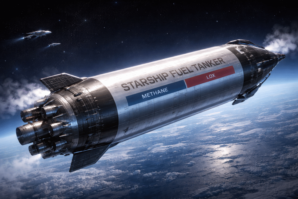 Starship fuel tanker in orbit carrying liquid methane and liquid oxygen for orbital refueling.
