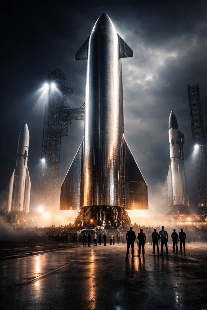 Reflective stainless steel SpaceX Starship on launch pad symbolizing a bold and shocking shift in rocket design