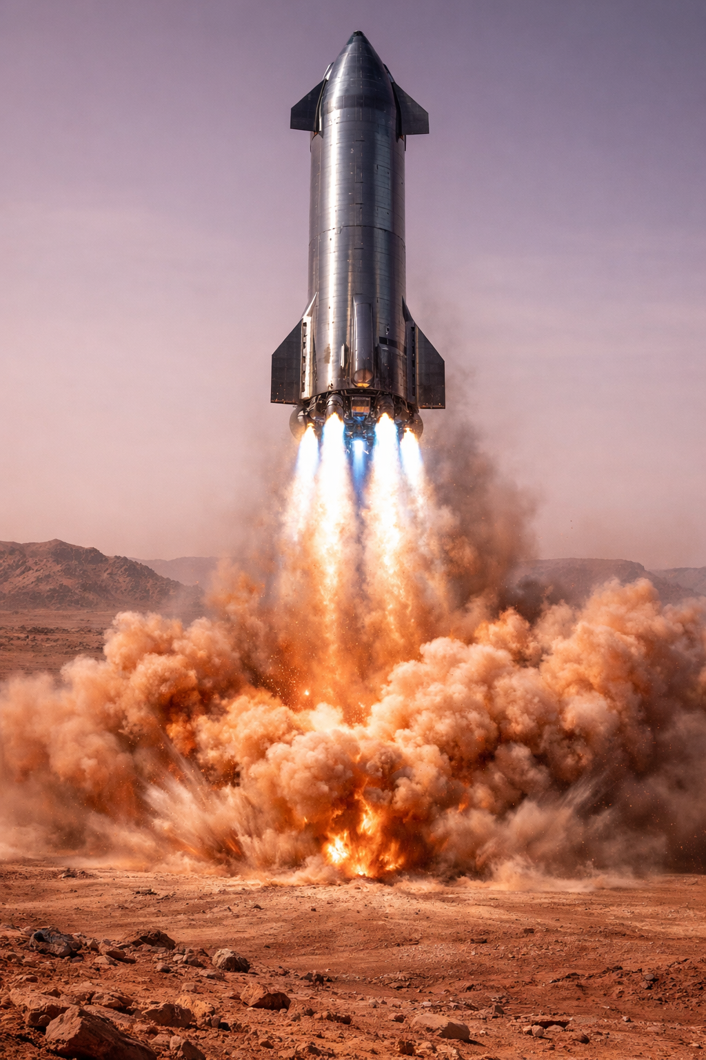 A photorealistic depiction of SpaceX's Starship performing a Mars landing burn. The stainless-steel spacecraft descends toward the red Martian surface with multiple Raptor engines firing, producing bright blue-white flames and kicking up a massive cloud of red dust and regolith. Rocky hills, craters, and a pale pink Martian sky are visible in the background, highlighting the scale and intensity of the landing.
