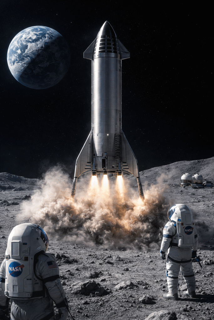 Starship Moon lunar lander touching down on the Moon amid rising lunar dust during NASA Artemis mission