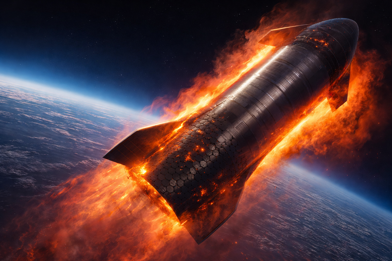 Starship heat shield tiles protecting the SpaceX Starship during high-temperature atmospheric re-entry