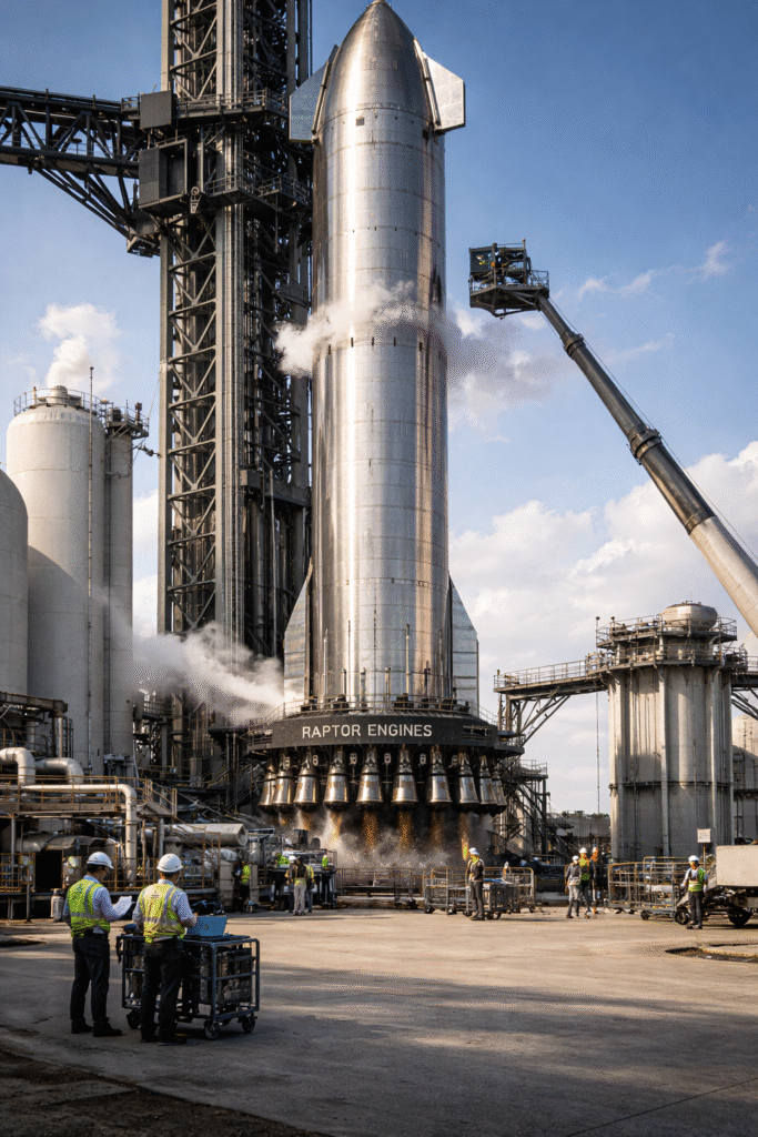 Ultra-realistic view of SpaceX’s Super Heavy V3 stainless steel structure at Starbase, South Texas, during refurbishment and rapid turnaround. Engineers and maintenance crews perform inspections and minor checks around the booster, while frost and vapor rise from cryogenic fueling systems. The towering rocket reflects sunlight, showing weld seams, industrial textures, and 33 Raptor engines, highlighting the super-heavy-v3-stainless-steel-structure’s reusability and engineering design.