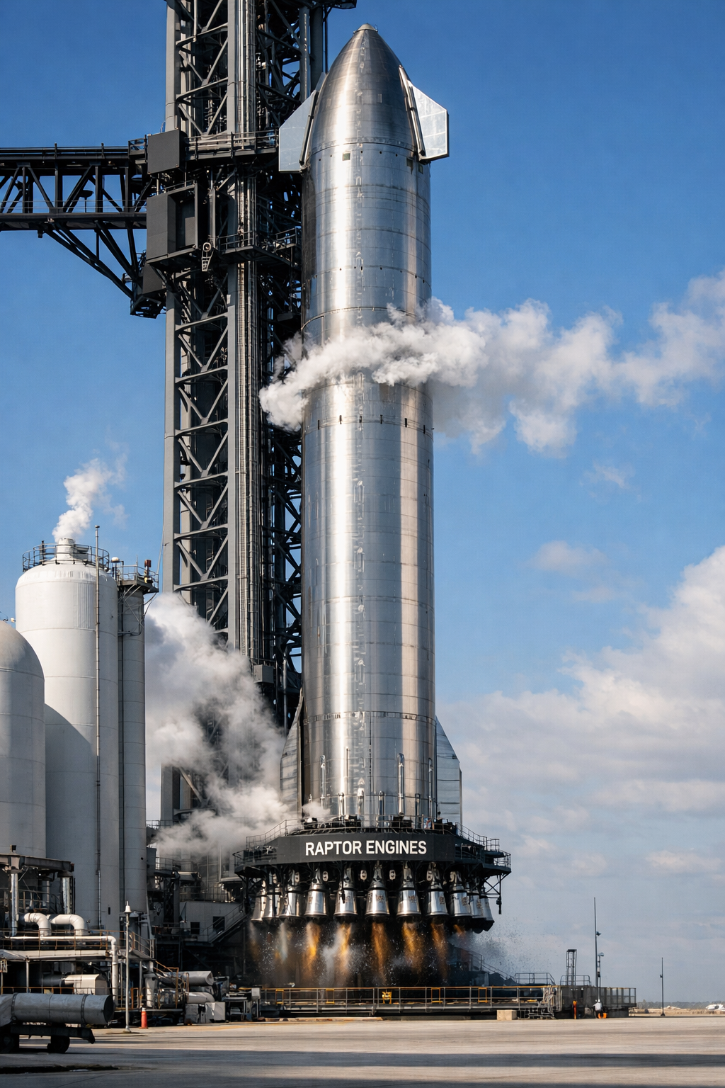 SpaceX Super Heavy V3 stainless steel structure on Starbase launch pad, showing reflective metal, cryogenic frost, and Raptor engines—highlighting the super-heavy-v3-stainless-steel-structure design.
