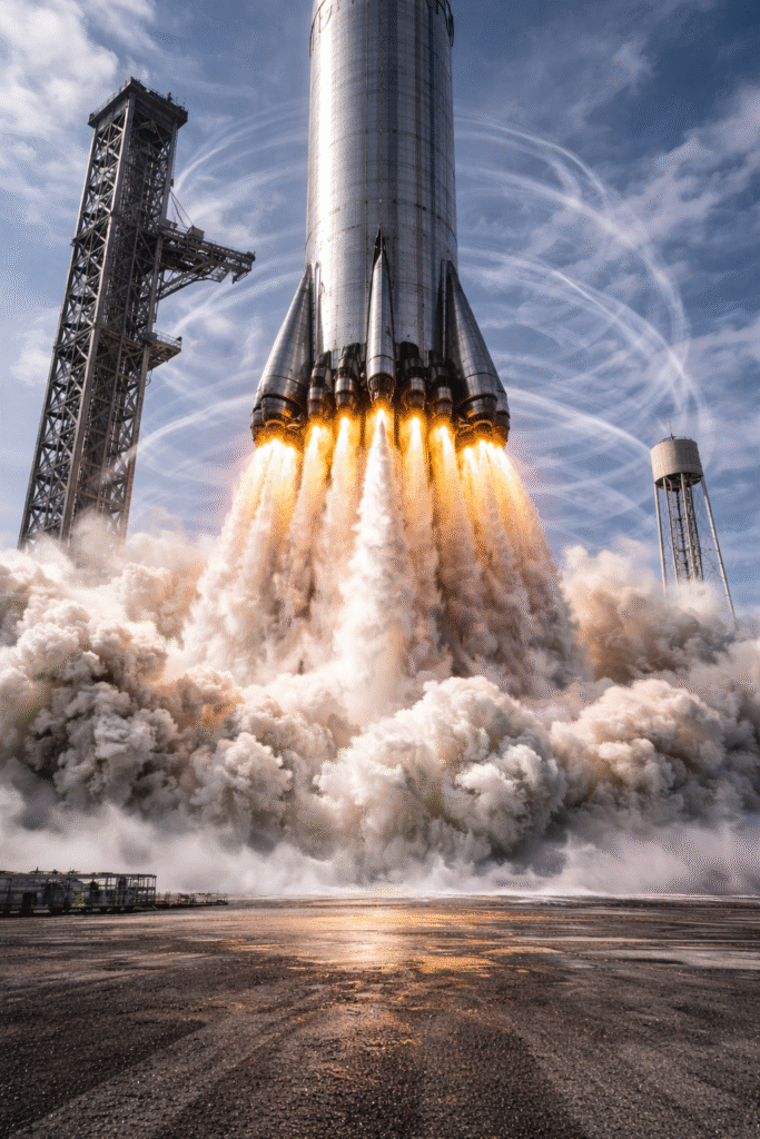 Ground-level, wide-angle view of SpaceX’s Super Heavy V3 lifting off as 33 Raptor engines ignite simultaneously, blasting bright white-orange exhaust and dense rolling smoke. Concentric shockwave ripples and heat distortion surround the vibrating stainless-steel booster, with weld seams and reflections visible under intense light. Steam and dust surge across the launch pad, while part of the launch tower stands nearby for scale, conveying the immense acoustic and physical forces at liftoff.